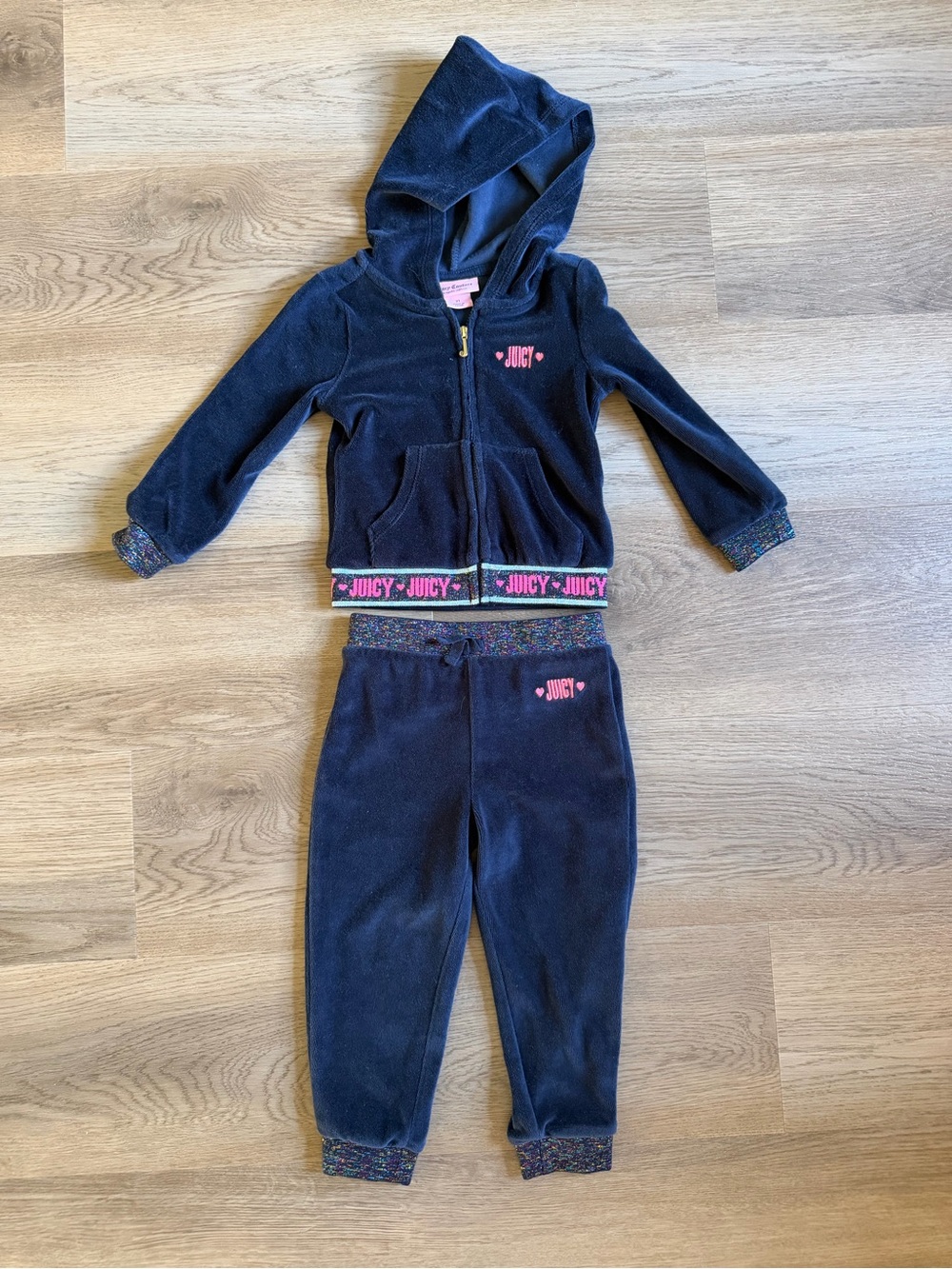 Juicy Couture Navy Blue Velour toddler tracksuit Hoodie & Joggers with Pink Logo